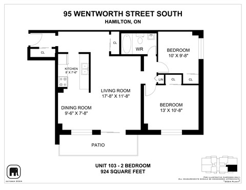Floor plan for 2 beds, 1 bath, 924 sqft